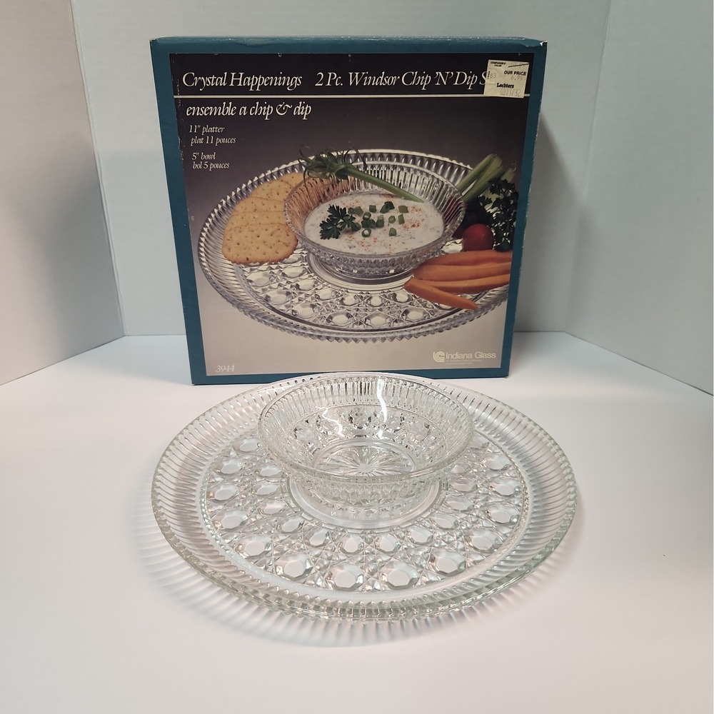 Indiana Glass Crystal Happenings 2 Pc. Windsor Chip 'N' Dip Set VTG w/ Box